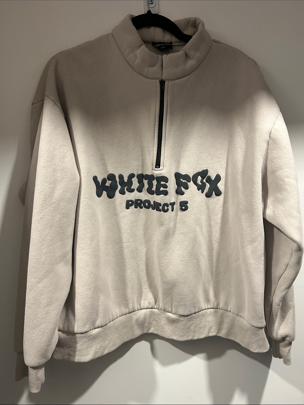 White Fox Boutique Cream Half-Zip Logo Sweater with Black Text